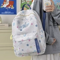 White waterproof star print backpack with blue zipper strap and yellow plush charm - Blue Star (With Moon Pendant)