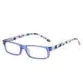 Classic rectangle reading glasses with transparent blue frames and purple pattern temples - +1.00 Diopter / Transparent Blue Frame Purple Temples