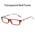 Transparent red rectangular reading glasses with colorful geometric pattern temples - +1.00 Diopter / Transparent Red