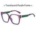 Fashionable transparent purple square frame glasses with green and gold temples accents - Transparent Purple