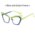 Cat eye blue and green contrast metal eyeglasses frame with hollow cutout temple details - Blue Green Frame