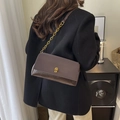 Dark brown leather shoulder bag with gold chain strap and metallic clasp shown on person - Brown