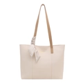 Retro large capacity tote bag in cream faux leather with brown straps and silk scarf - White