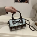 Dolce borsa a cilindro blu con stelle, motivi a quadri e fiocco portata a mano - Marrone
