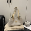 Borsa tote in lino beige con manici in pelle marrone e cuciture su maglione in maglia - Cachi