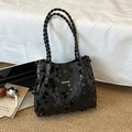 Borsa tote con paillettes nere e manici intrecciati con etichetta moda per donne eleganti - Nero