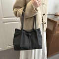 Retro large capacity black tote bag with pleated detail and long straps shown on model - No Pendant / Black