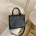 Retro black lychee grain leather crossbody tote bag with silver fashion branding - Black