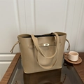 Khaki large capacity bucket tote bag with gold swivel lock and drawstring interior - Khaki