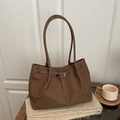 Large dark brown tote bag in matte faux suede with buckle detail on a cozy background - No Pendant / Dark Brown