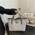 Large gray corduroy tote bag with leather handles for daily commuting and office work - Gray