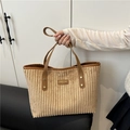 Large light camel corduroy tote bag with brown leather handles and golden rivets - Brown