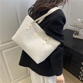 White corduroy tote bag with gold rivets and vertical stripe texture for women - White