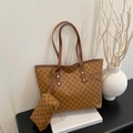 Brown large capacity tote bag with geometric pattern and matching mini pouch bag - Brown