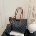 Navy blue geometric pattern tote bag set with brown leather straps and gold hardware - Black