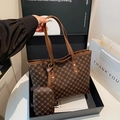 Large dark brown tote bag with geometric floral pattern and matching pouch set - Brown