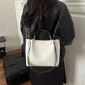 Minimalist white litchi leather tote bag with brown handles and gold hardware accessories - White