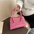 Pink lamb wool mini tote bag with faux leather handles and detachable crossbody strap - Pink