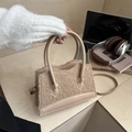 Plush lamb wool crossbody bag in beige with PU leather trim and a compact square shape - Khaki