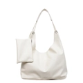 Große cremeweiße Hobo-Schultertasche mit passender Geldbörse aus strukturiertem Leder - Große Tasche Und Reißverschlusstasche / Gebrochenes Weiß