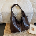 Minimalist dark brown soft PU leather tote bag with matching small pouch and silver buckle - Black