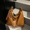 Minimalist brown PU leather hobo tote bag with a small matching zipper pouch - Brown