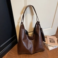 Minimalist large dark brown hobo tote bag in soft leather with matching coin pouch - Brown