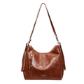 Vintage brown leather tote bag with vertical zipper tassel and large capacity straps - Brown