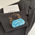 Blue marble acrylic evening clutch bag with golden chain and vintage metal handle - Blue