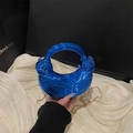 Metallic electric blue crescent handbag with twisted knot details and gold chain strap - Blue