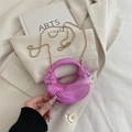 Metallic pink crescent moon bag with 3D ribbed texture and elegant gold chain strap - Purple