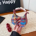 Mini plaid half-moon bag with red leather bows and white lace handle details - Blue Checkered