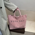 Pink corduroy large capacity tote bag with embroidered letters and dual handles - Pink