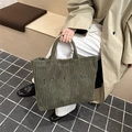 Dark green corduroy tote bag with TOTE BAG embroidery and durable handles - Green
