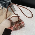Mini retro plaid crossbody bag with brown leather trim and lace-decorated bow handle - Plaid Brown