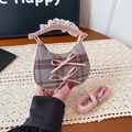 Pink bow crescent handbag in grey brown plaid fabric with lace-trimmed leather handle - Pink Plaid