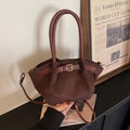 Caramel brown suede handbag with golden buckle and detachable crossbody strap - Brown