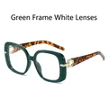 Retro square green sunglasses frame with leopard print temples and clear lenses - Green Frame White Lens