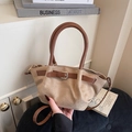 Beige suede handbag with brown leather straps and metal buckle detailing - Khaki