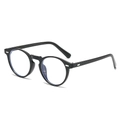 Occhiali tondi classici con montatura nera e riflesso anti luce blu su sfondo bianco - Montatura Nero Lucido / Lenti Trasparenti