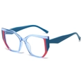 Cat eye TR90 glasses frame with vibrant blue and red color-blocking and clear lenses - Blue Red Contrast Frame (Blue Leg)