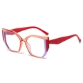 Cat eye TR90 glasses frame with vibrant multi-color splicing and wide red temples - Red Purple Contrast Frame (Red Leg)