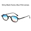 Fashion polygon sunglasses with bright black frame and blue-pink gradient lenses - Bright Black Frame / Blue Pink Gradient Lens