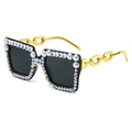Birthday Girl sunglasses with blue pearls and chunky gold chain temples on white background - Bright Black Frame Grey Lens