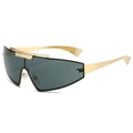 Punk style futuristic wraparound sunglasses with gold metal frame and dark grey lenses - Gold Frame Dark Green Lenses