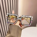Square Birthday Girl party glasses with oversized black frames and gold chain temples - Glossy Black Frame