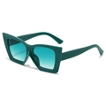 Oversized dark green cat-eye sunglasses with blue gradient lenses in a 45-degree side view - Green Frame / Green Lens