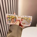 Pink square party glasses featuring Birthday Girl pearl letters and colorful glitter - Standard Pink Frame / Clear Lens