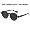 Retro small round frame sunglasses featuring thick black acetate frames and grey lenses - Black Frame Black Grey Lens