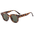 Vintage tortoiseshell oval sunglasses with silver rivet accents on white background - Leopard Frame Dark Green Lens